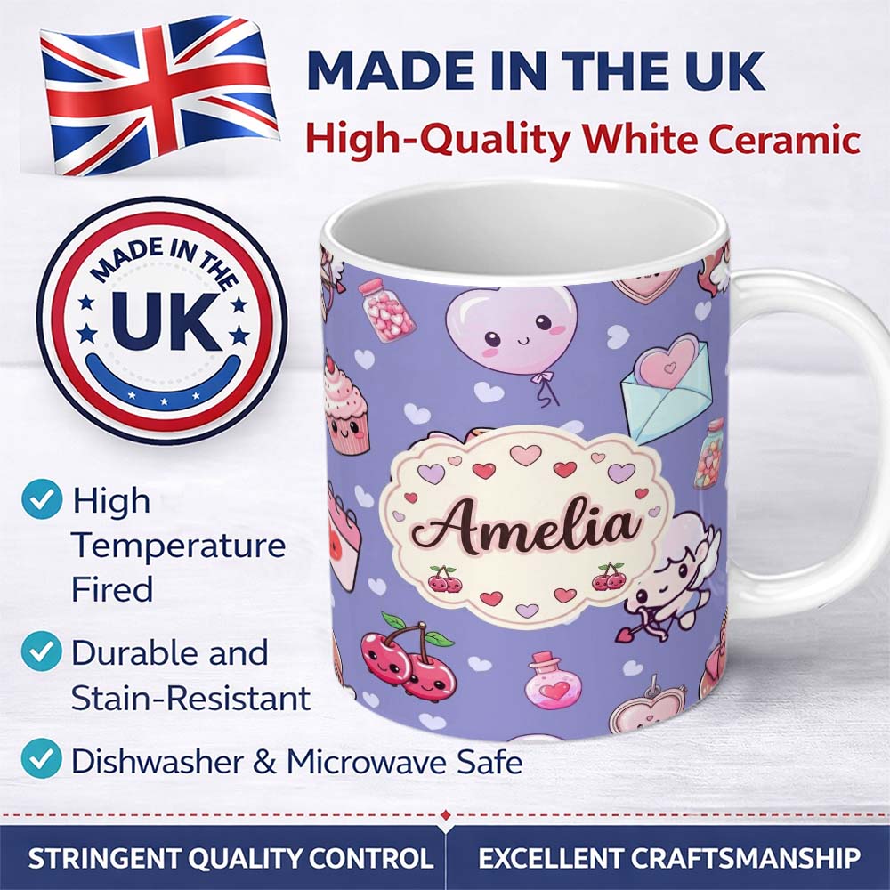 Personalized Custom Name Cupid Angels Hearts Sweets Kawaii Valentine Seamless Pattern Red 11oz Ceramic Coffee Tea Mug White Large Handle