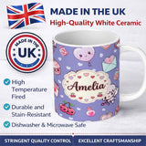 Personalized Custom Name Cupid Angels Hearts Sweets Kawaii Valentine Seamless Pattern Red 11oz Ceramic Coffee Tea Mug White Large Handle