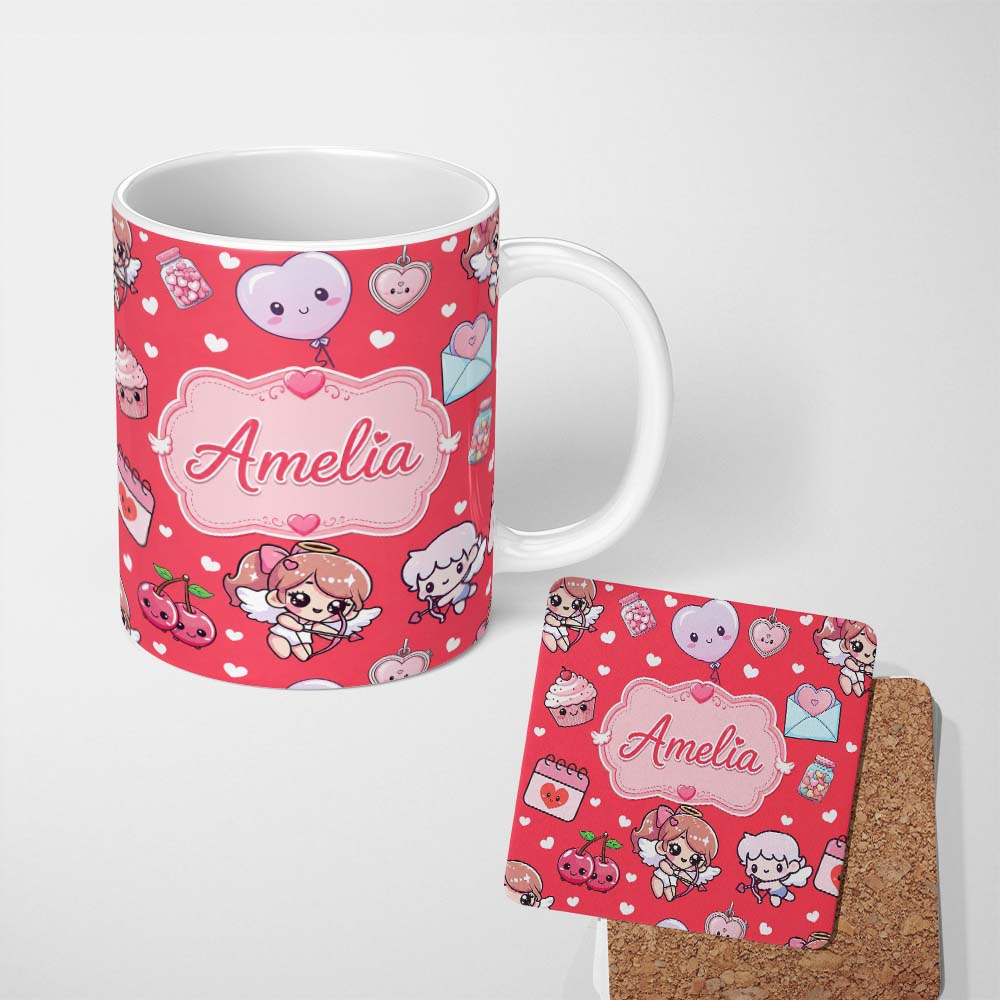 Personalized Custom Name Cupid Angels Hearts Sweets Kawaii Valentine Seamless Pattern Grey 11oz Ceramic Coffee Tea Mug White Large Handle