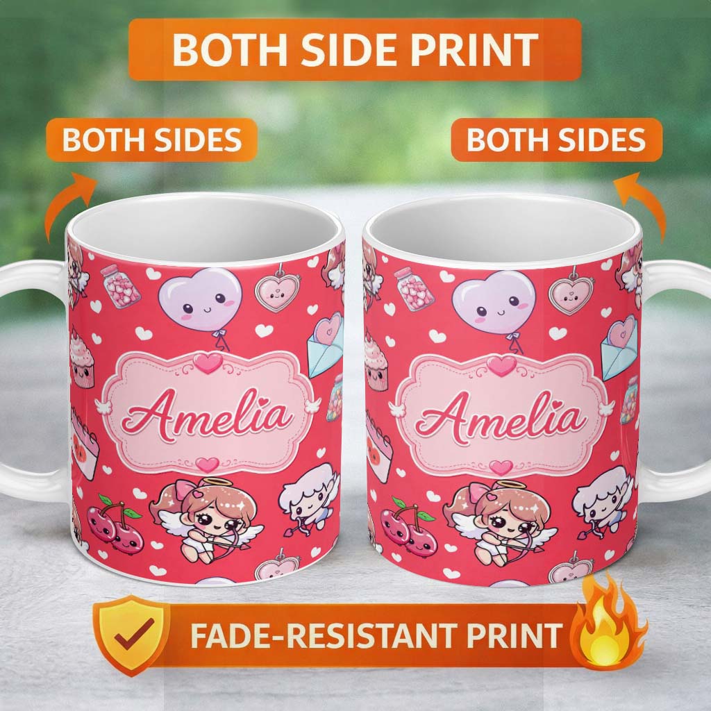 Personalized Custom Name Cupid Angels Hearts Sweets Kawaii Valentine Seamless Pattern Grey 11oz Ceramic Coffee Tea Mug White Large Handle