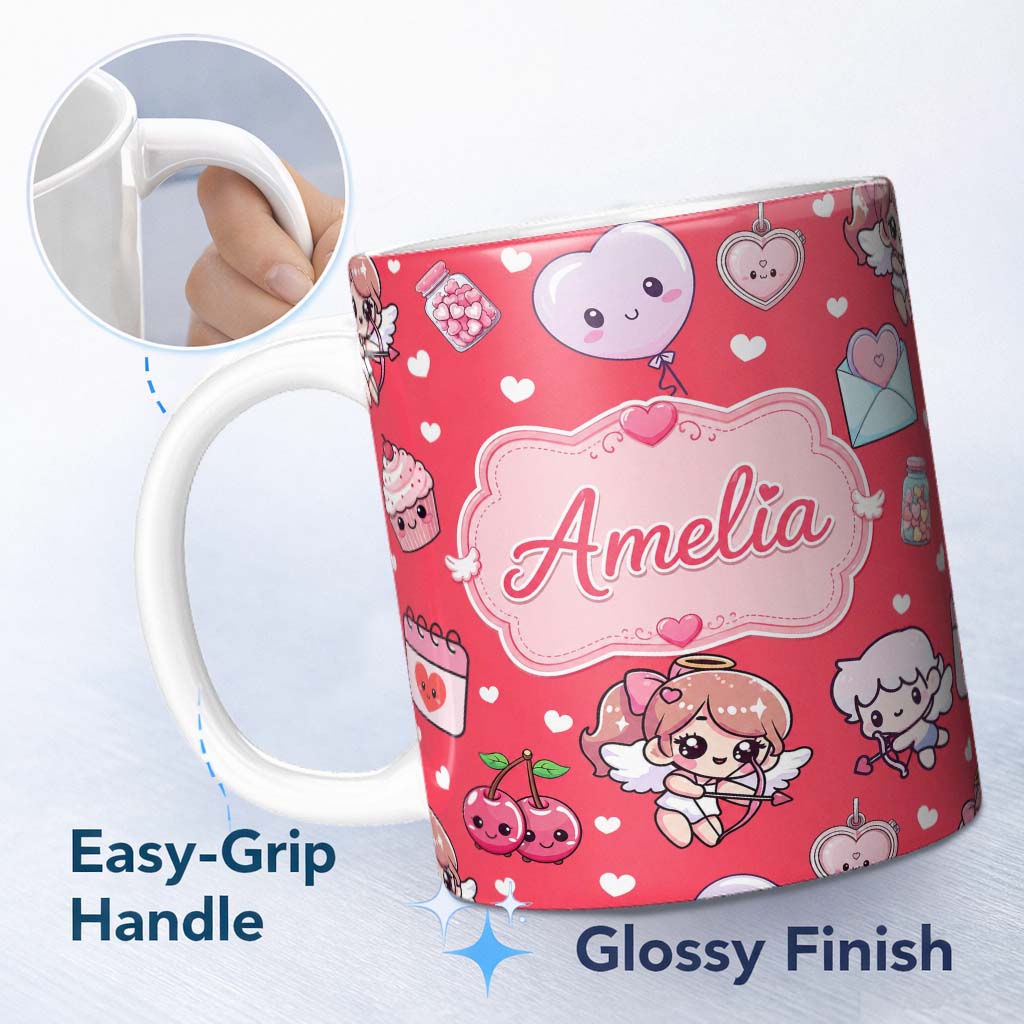 Personalized Custom Name Cupid Angels Hearts Sweets Kawaii Valentine Seamless Pattern Grey 11oz Ceramic Coffee Tea Mug White Large Handle