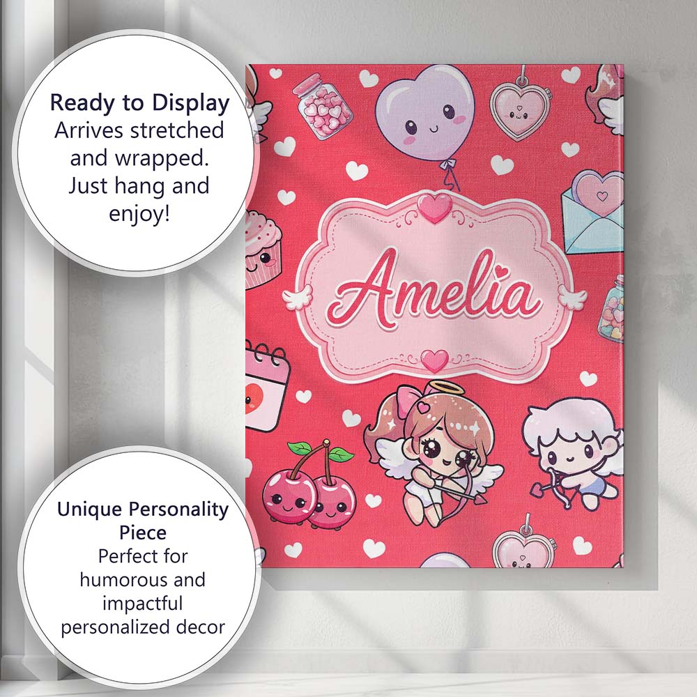 Personalised Name Cupid Angels Hearts Custom Modern Room Accent Creative Decorator Style Canvas Wall Art Print Decor Picture Ready to Hang