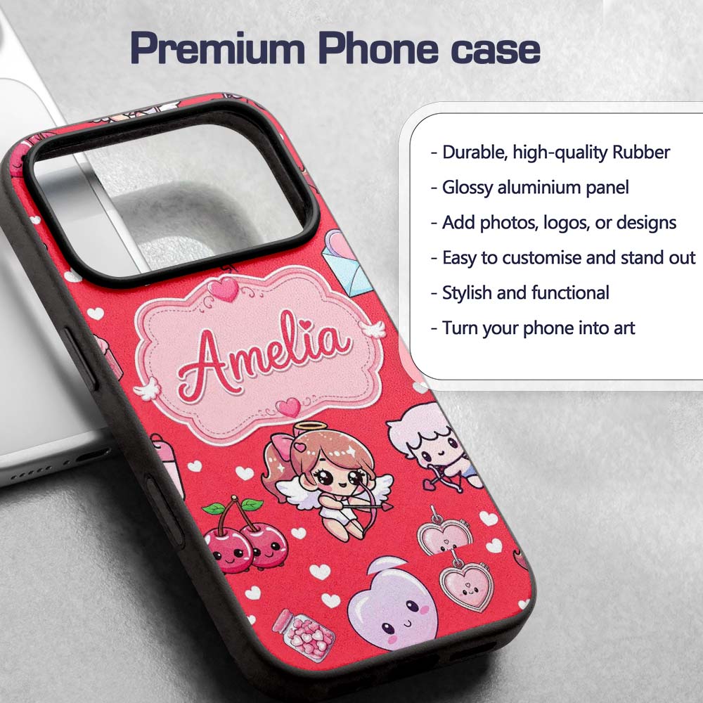 Cupid Angels Hearts Sweets Kawaii Printed Design Custom Name Protective Phone Case Mobile Cover Durable Everyday Smartphone Shock Resistant