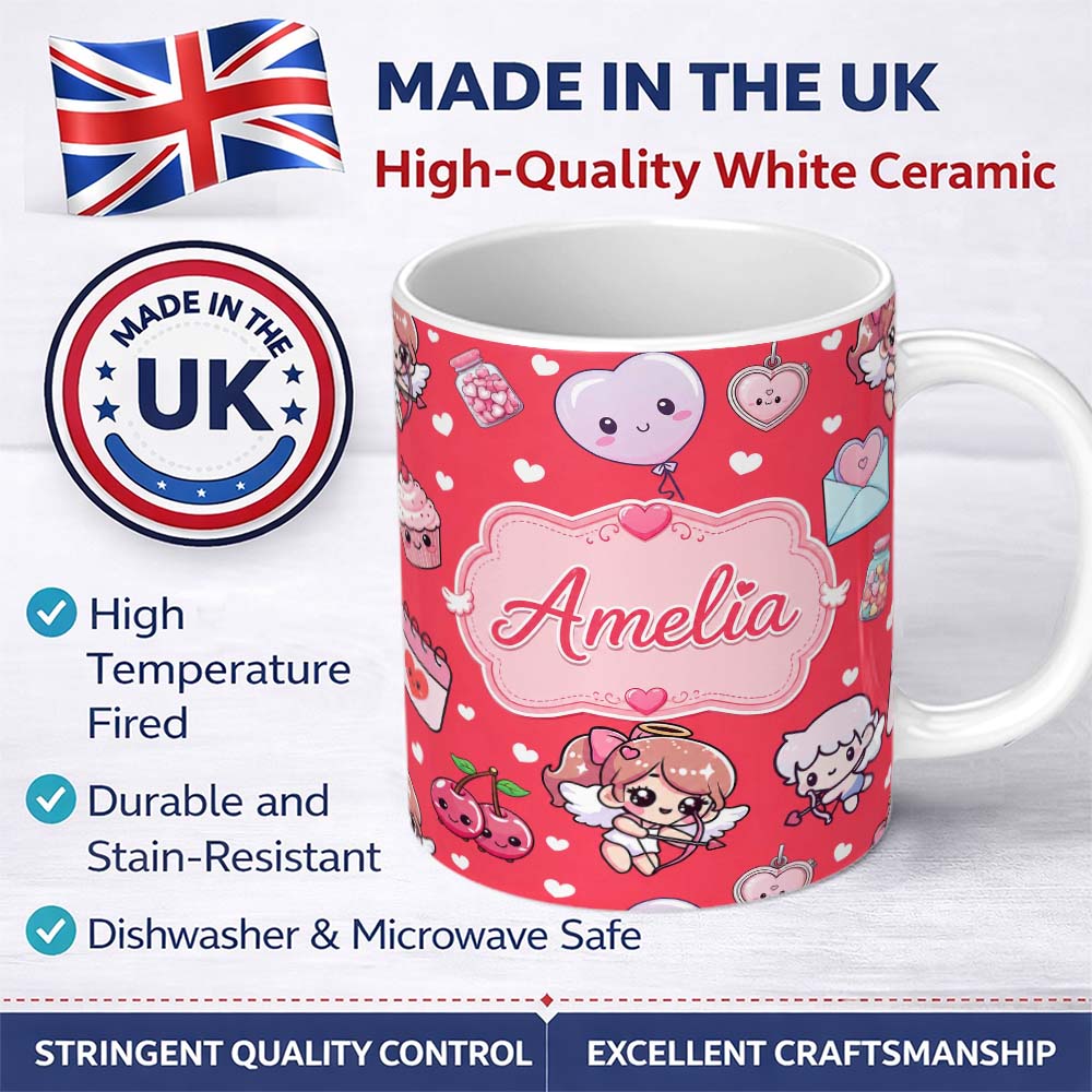 Personalized Custom Name Cupid Angels Hearts Sweets Kawaii Valentine Seamless Pattern Grey 11oz Ceramic Coffee Tea Mug White Large Handle