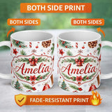 Personalized Custom Name Watercolor Christmas Santa Hat Tree Branches Snowflakes Festive 11oz Ceramic Coffee Tea Mug White Large Handle