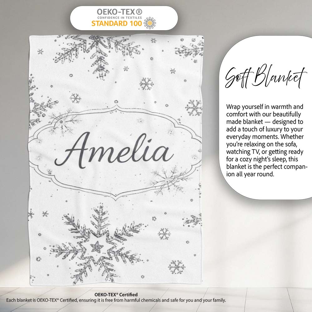 Black Snowflake Sketch Pattern on White Seamless Cute Unique Gift  Personalised Custom Name Super Soft Fleece Blanket Bed Sofa Throw