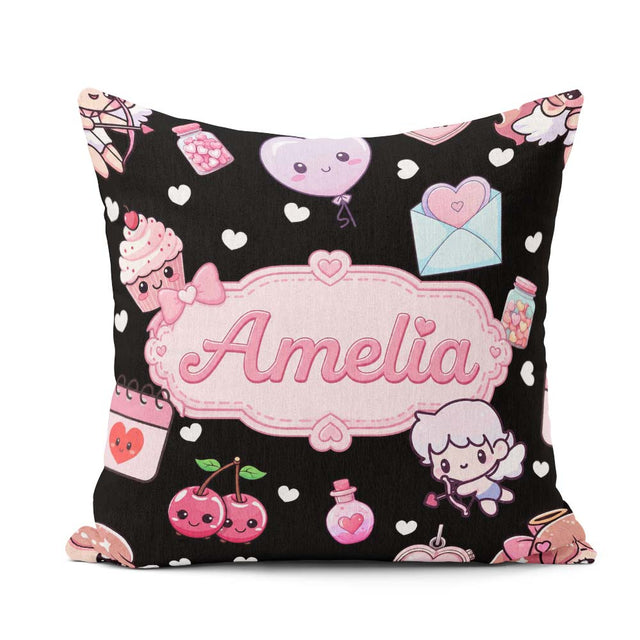 Custom Name Cupid Angels Hearts Sweets Kawaii Valentine Seamless Square Filled Cushion Throw Pillow Sofa Bed Home Decor Zip Washable UK Made