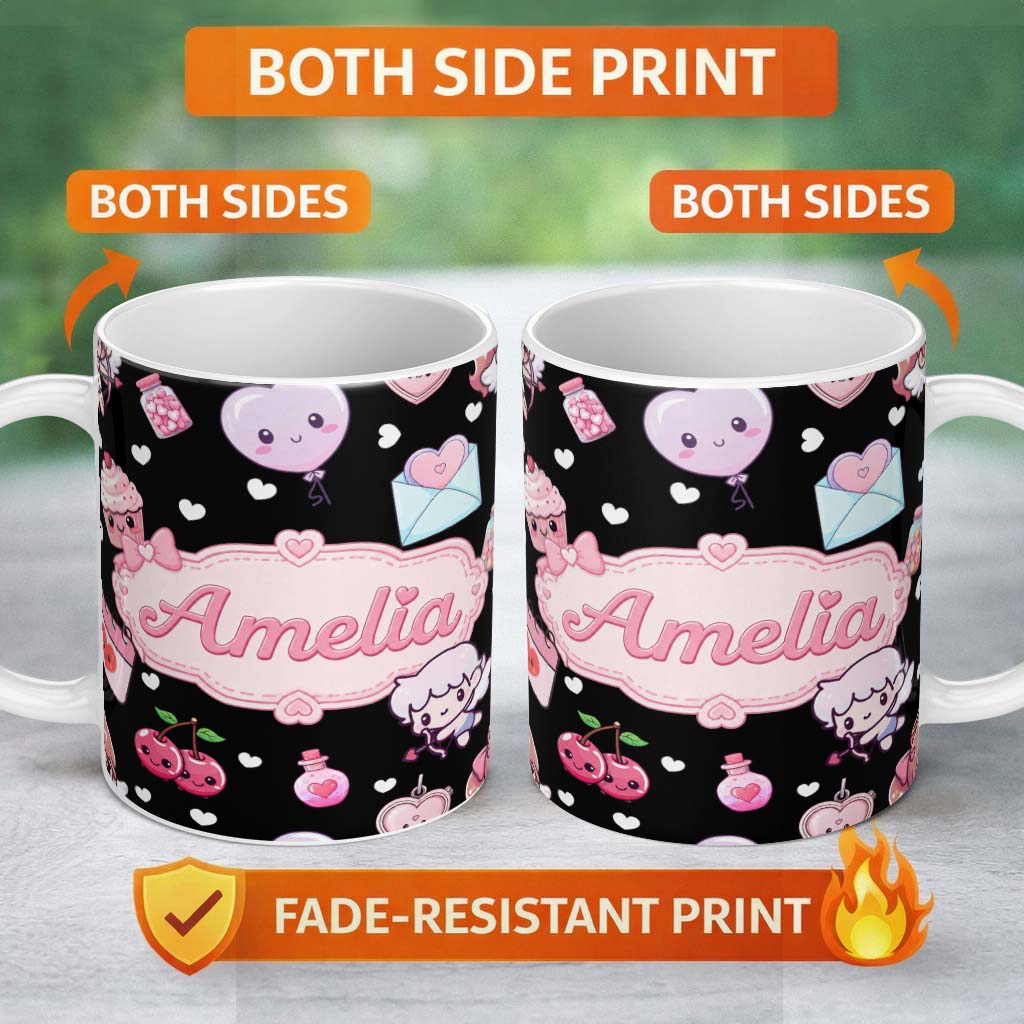 Personalized Custom Name Cupid Angels Hearts Sweets Kawaii Valentine Seamless Pattern Yellow 11oz Ceramic Coffee Tea Mug White Large Handle