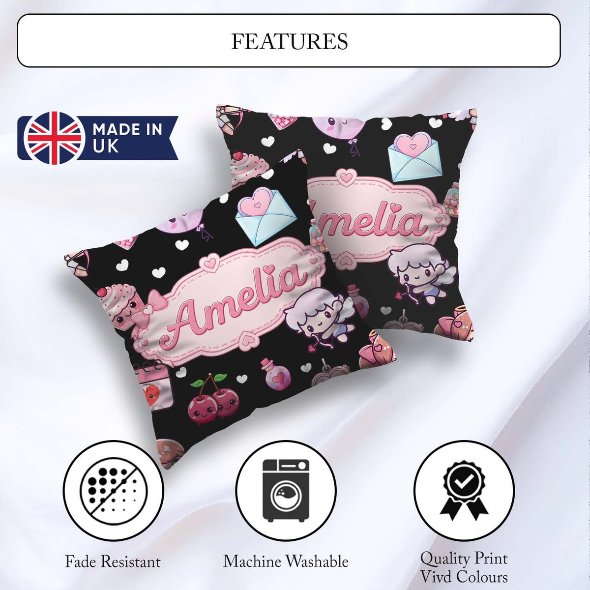 Custom Name Cupid Angels Hearts Sweets Kawaii Valentine Seamless Square Filled Cushion Throw Pillow Sofa Bed Home Decor Zip Washable UK Made