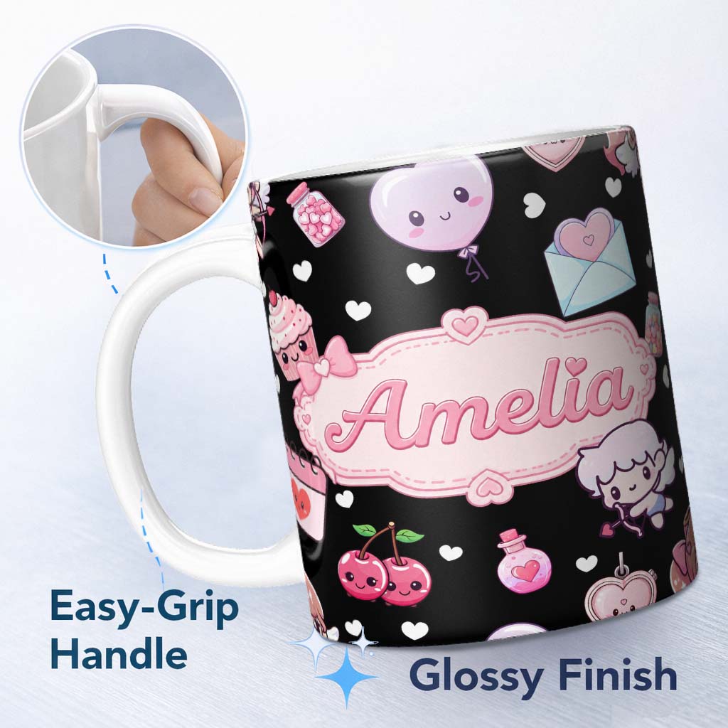 Personalized Custom Name Cupid Angels Hearts Sweets Kawaii Valentine Seamless Pattern Yellow 11oz Ceramic Coffee Tea Mug White Large Handle