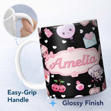 Personalized Custom Name Cupid Angels Hearts Sweets Kawaii Valentine Seamless Pattern Yellow 11oz Ceramic Coffee Tea Mug White Large Handle