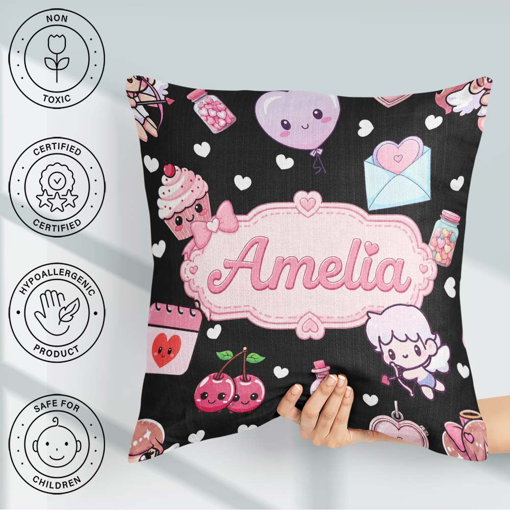 Custom Name Cupid Angels Hearts Sweets Kawaii Valentine Seamless Square Filled Cushion Throw Pillow Sofa Bed Home Decor Zip Washable UK Made