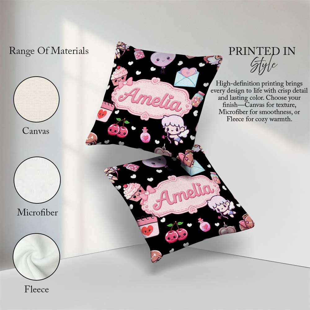 Custom Name Cupid Angels Hearts Sweets Kawaii Valentine Seamless Square Filled Cushion Throw Pillow Sofa Bed Home Decor Zip Washable UK Made