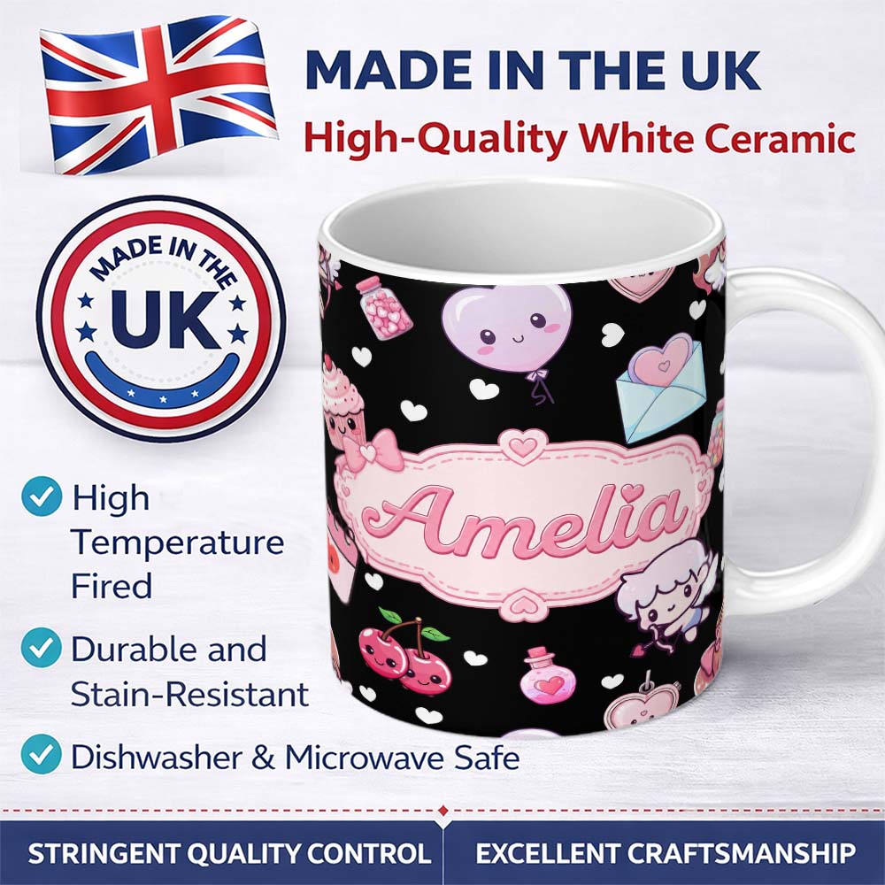 Personalized Custom Name Cupid Angels Hearts Sweets Kawaii Valentine Seamless Pattern Yellow 11oz Ceramic Coffee Tea Mug White Large Handle
