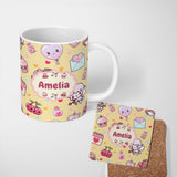 Personalized Custom Name Cute Valentine Bears Cakes Sweets Hearts Kawaii Seamless Pattern 11oz Ceramic Coffee Tea Mug White Large Handle