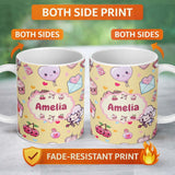 Personalized Custom Name Cute Valentine Bears Cakes Sweets Hearts Kawaii Seamless Pattern 11oz Ceramic Coffee Tea Mug White Large Handle