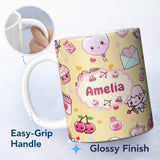 Personalized Custom Name Cute Valentine Bears Cakes Sweets Hearts Kawaii Seamless Pattern 11oz Ceramic Coffee Tea Mug White Large Handle