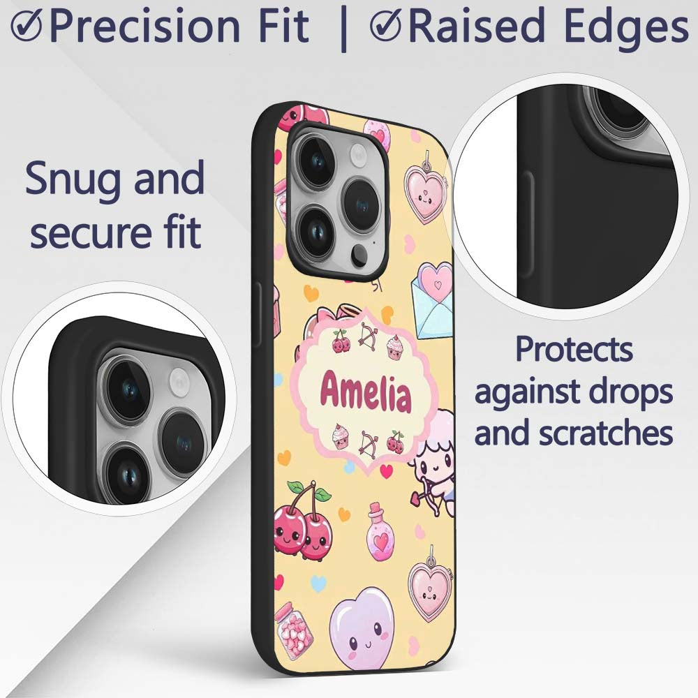 Cute Valentine Bears Cakes Sweets Hearts Kawaii Custom Name Protective Phone Case Mobile Cover Durable Everyday Smartphone Shock Resistant