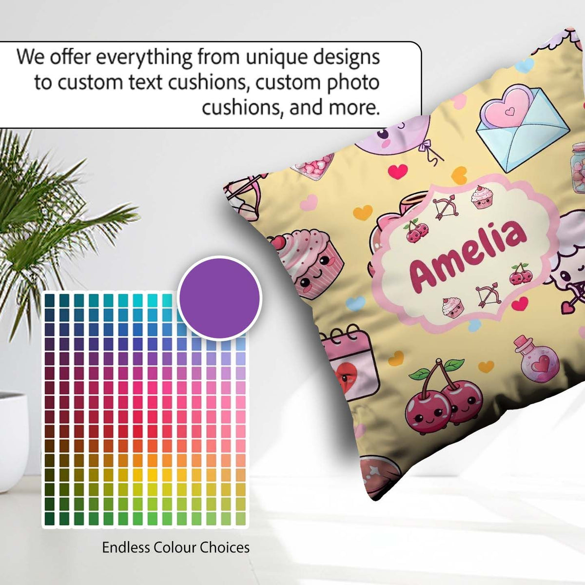 Custom Name Valentine Bears Cakes Sweets Hearts Seamless Pattern Square Filled Cushion Throw Pillow Sofa Bed Home Decor Zip Washable UK Made
