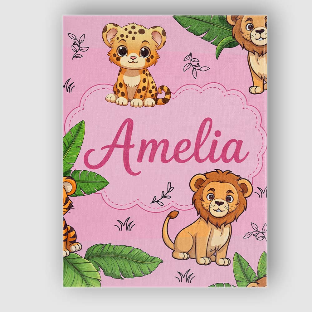 Personalised Name Cute Jungle Animals Lion Tiger Leopard Pink Custom Contemporary Display Canvas Wall Art Print Decor Picture Ready to Hang