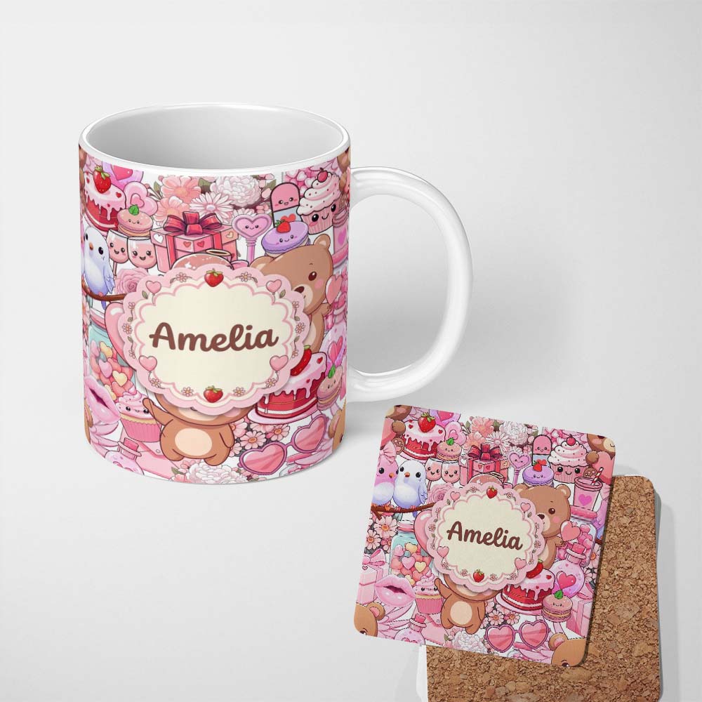 Personalized Custom Name Abstract Floral Red Yellow Garden Artistic Seamless Pattern Name 11oz Ceramic Coffee Tea Mug White Large Handle