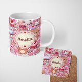 Personalized Custom Name Abstract Floral Red Yellow Garden Artistic Seamless Pattern Name 11oz Ceramic Coffee Tea Mug White Large Handle