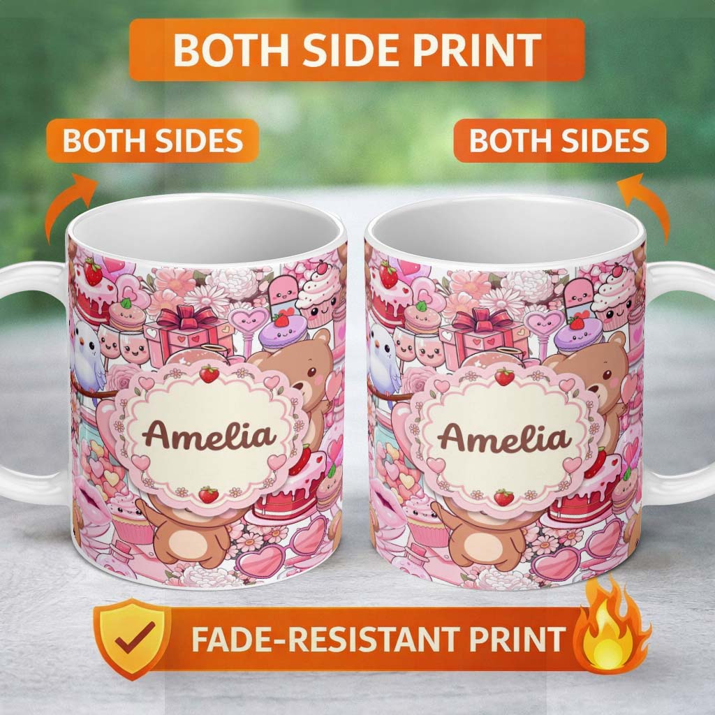 Personalized Custom Name Abstract Floral Red Yellow Garden Artistic Seamless Pattern Name 11oz Ceramic Coffee Tea Mug White Large Handle