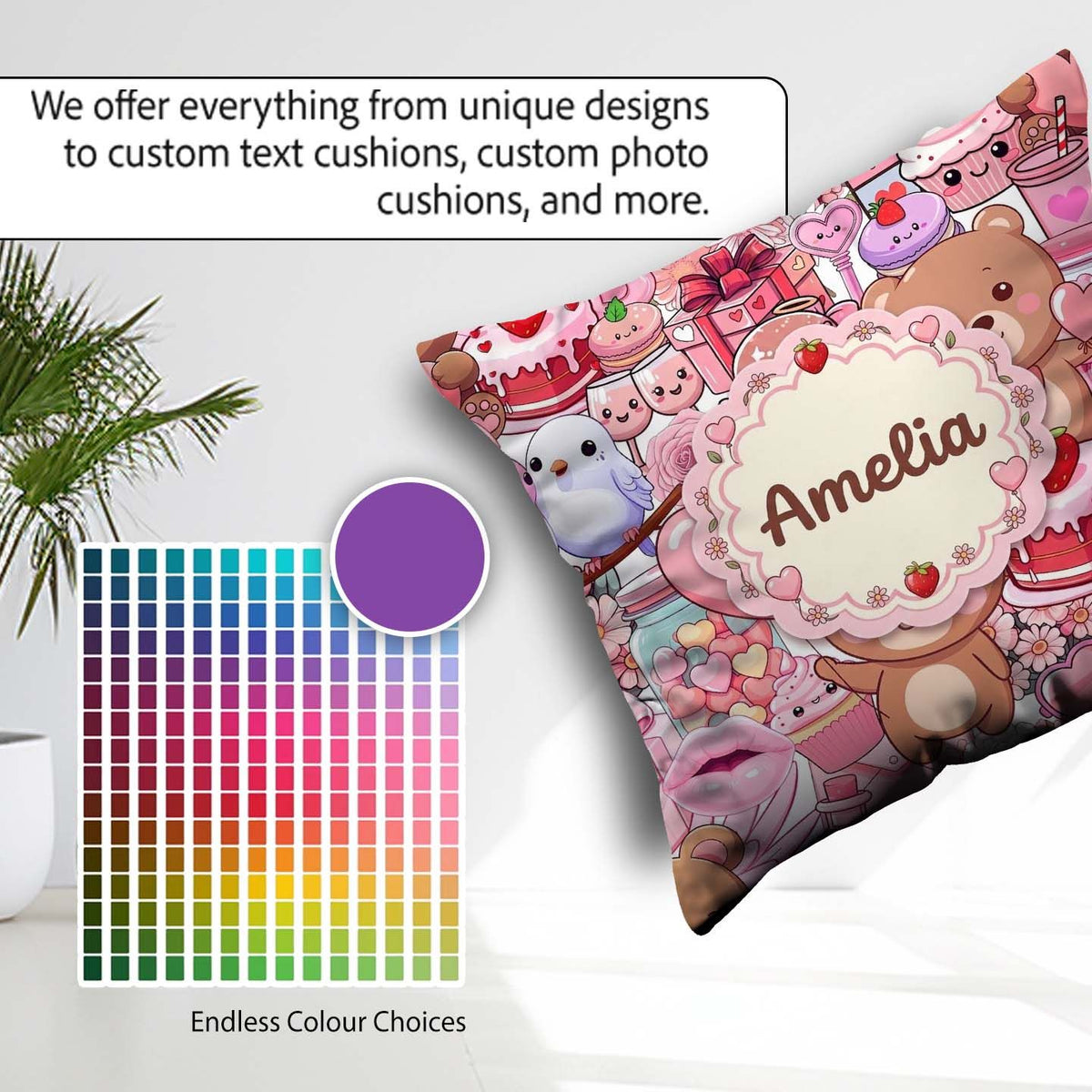 Custom Name Abstract Floral Red Yellow Artistic Seamless Pattern Square Filled Cushion Throw Pillow Sofa Bed Home Decor Zip Washable UK Made