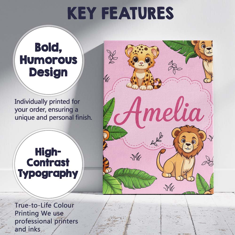 Personalised Name Cute Jungle Animals Lion Tiger Leopard Pink Custom Contemporary Display Canvas Wall Art Print Decor Picture Ready to Hang