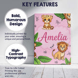 Personalised Name Cute Jungle Animals Lion Tiger Leopard Pink Custom Contemporary Display Canvas Wall Art Print Decor Picture Ready to Hang