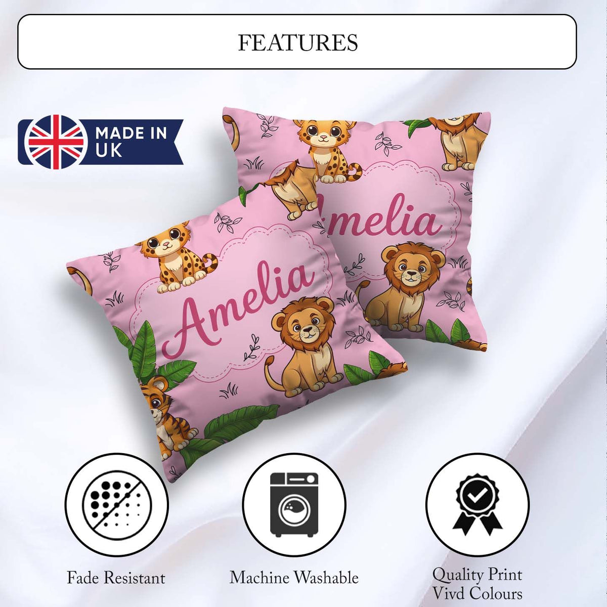 Custom Name Cute Jungle Animals Lion Tiger Leopard Pink Tropical Square Filled Cushion Throw Pillow Sofa Bed Home Decor Zip Washable UK Made