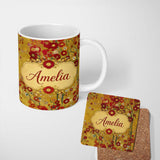 Personalized Custom Name Abstract Circular Floral Yellow Artistic Modern Seamless Pattern 11oz Ceramic Coffee Tea Mug White Large Handle