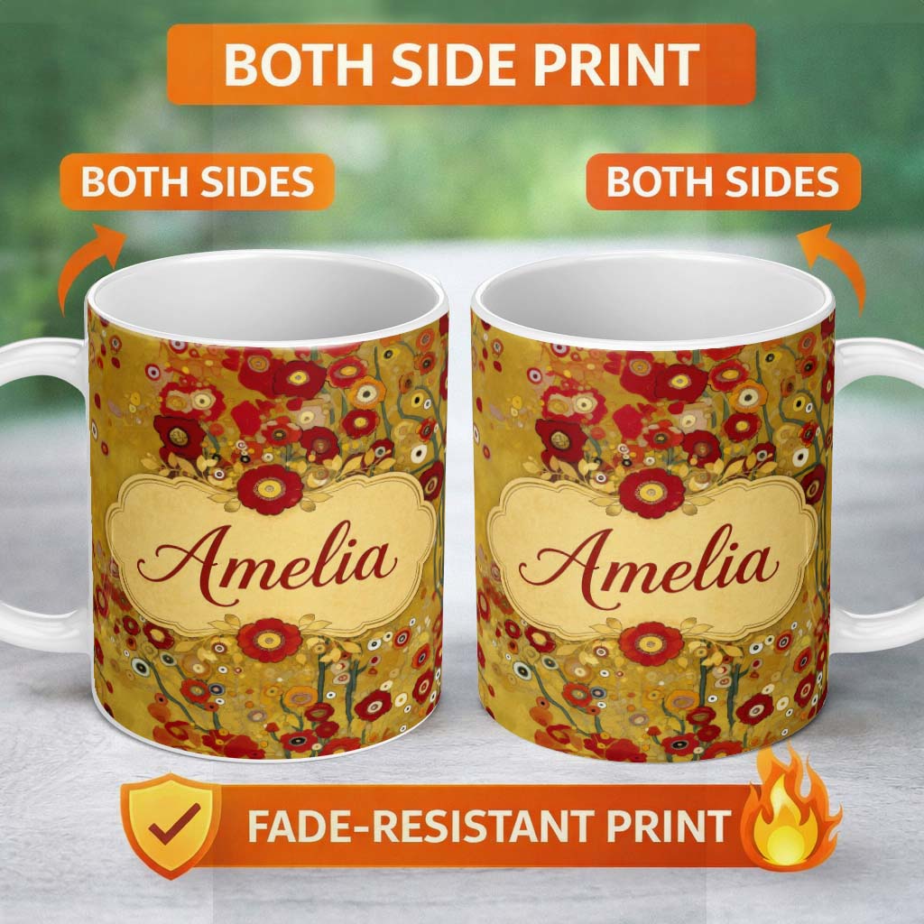 Personalized Custom Name Abstract Circular Floral Yellow Artistic Modern Seamless Pattern 11oz Ceramic Coffee Tea Mug White Large Handle