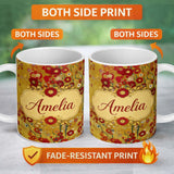 Personalized Custom Name Abstract Circular Floral Yellow Artistic Modern Seamless Pattern 11oz Ceramic Coffee Tea Mug White Large Handle