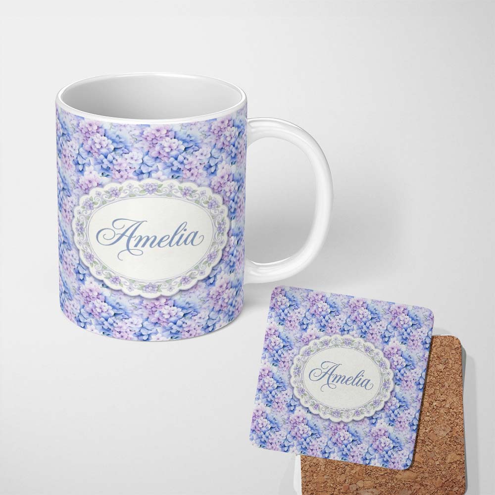 Personalized Custom Name Dreamy Lavender Blue Hydrangea Floral Seamless Pattern Lovely 11oz Ceramic Coffee Tea Mug White Large Handle