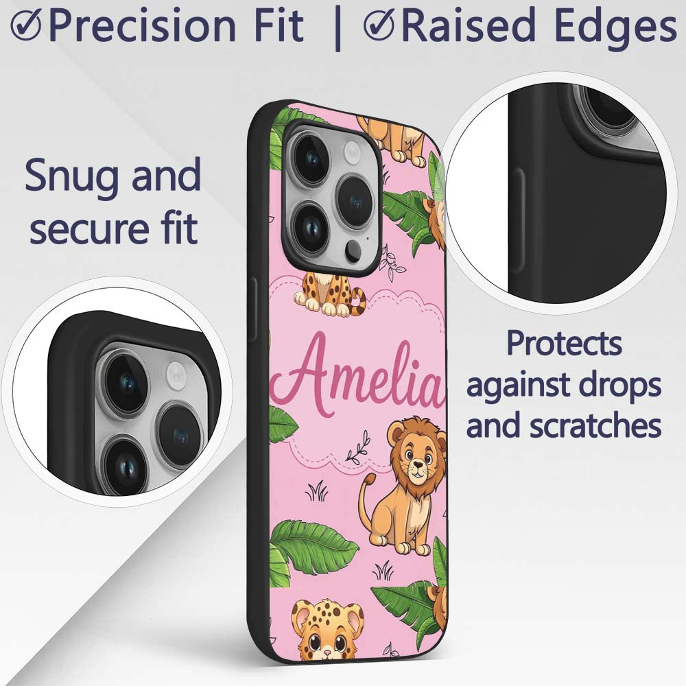 Cute Jungle Animals Lion Tiger Printed Design Custom Name Protective Phone Case Mobile Cover Durable Everyday Smartphone Shock Resistant