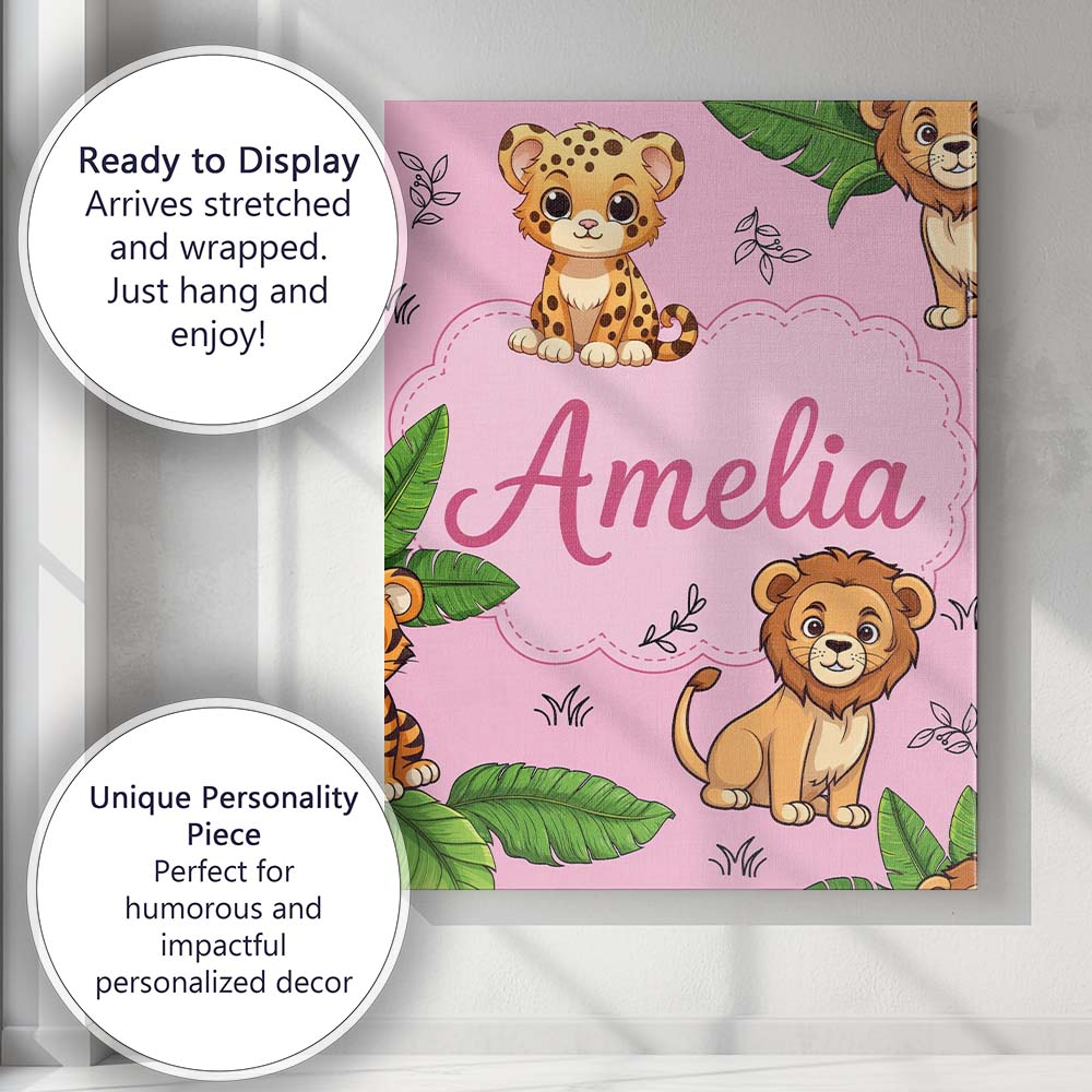 Personalised Name Cute Jungle Animals Lion Tiger Leopard Pink Custom Contemporary Display Canvas Wall Art Print Decor Picture Ready to Hang