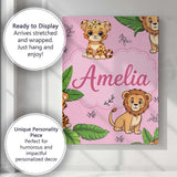 Personalised Name Cute Jungle Animals Lion Tiger Leopard Pink Custom Contemporary Display Canvas Wall Art Print Decor Picture Ready to Hang