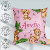 Custom Name Cute Jungle Animals Lion Tiger Leopard Pink Tropical Square Filled Cushion Throw Pillow Sofa Bed Home Decor Zip Washable UK Made