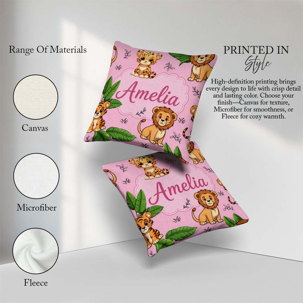 Custom Name Cute Jungle Animals Lion Tiger Leopard Pink Tropical Square Filled Cushion Throw Pillow Sofa Bed Home Decor Zip Washable UK Made