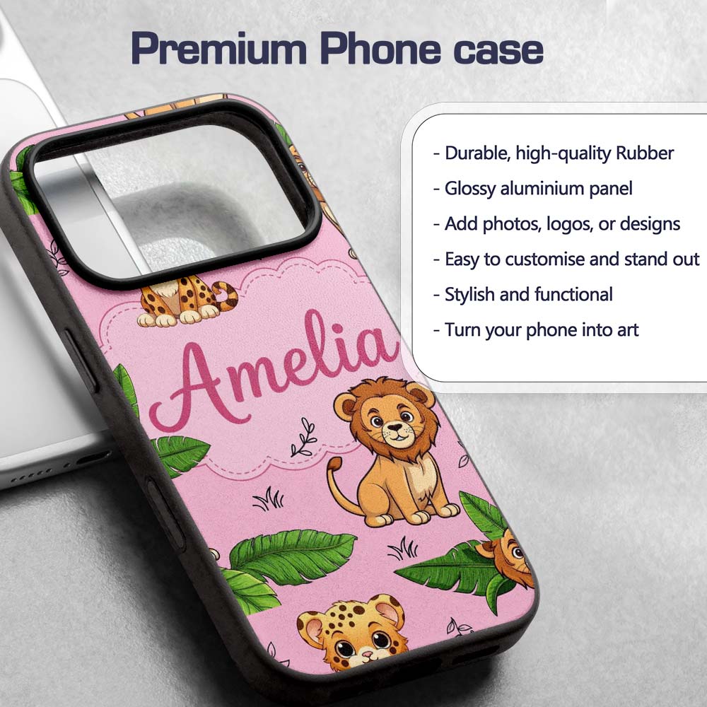 Cute Jungle Animals Lion Tiger Printed Design Custom Name Protective Phone Case Mobile Cover Durable Everyday Smartphone Shock Resistant