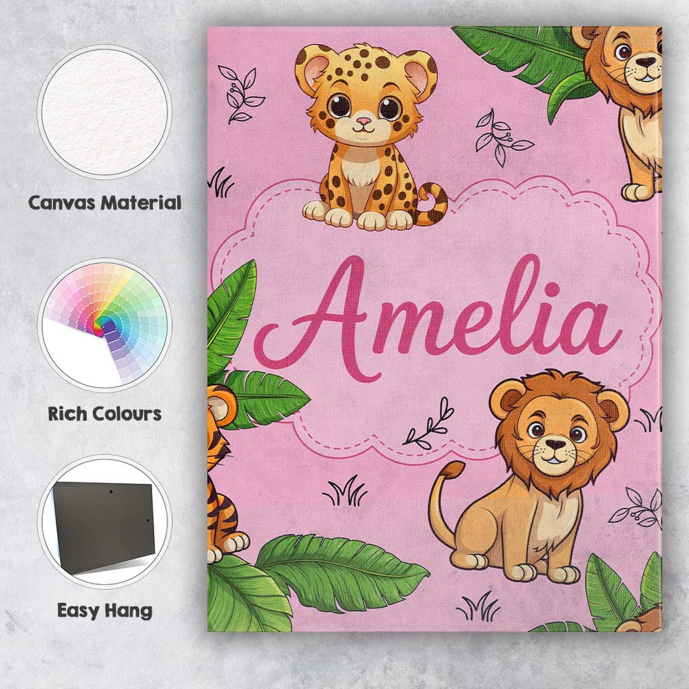 Personalised Name Cute Jungle Animals Lion Tiger Leopard Pink Custom Contemporary Display Canvas Wall Art Print Decor Picture Ready to Hang