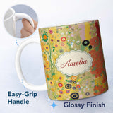 Personalized Custom Name Abstract Golden Floral Ornamental Artistic Seamless Pattern Name 11oz Ceramic Coffee Tea Mug White Large Handle