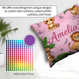 Custom Name Cute Jungle Animals Lion Tiger Leopard Pink Tropical Square Filled Cushion Throw Pillow Sofa Bed Home Decor Zip Washable UK Made