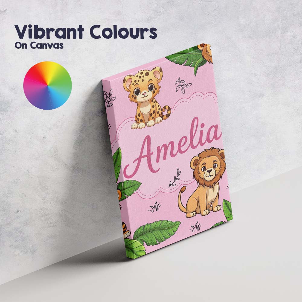 Personalised Name Cute Jungle Animals Lion Tiger Leopard Pink Custom Contemporary Display Canvas Wall Art Print Decor Picture Ready to Hang