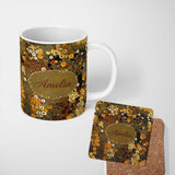 Personalized Custom Name Abstract Golden Brown Floral Ornamental Artistic Seamless Pattern 11oz Ceramic Coffee Tea Mug White Large Handle