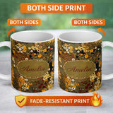 Personalized Custom Name Abstract Golden Brown Floral Ornamental Artistic Seamless Pattern 11oz Ceramic Coffee Tea Mug White Large Handle