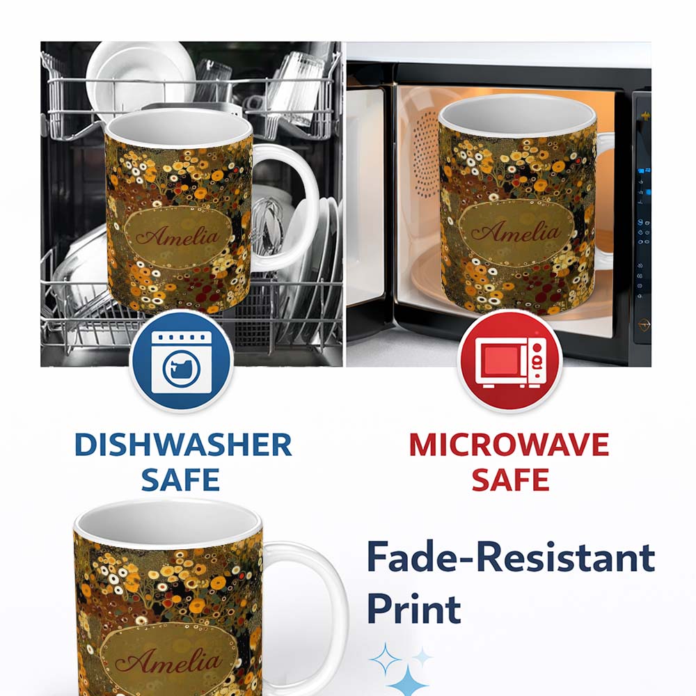 Personalized Custom Name Abstract Golden Brown Floral Ornamental Artistic Seamless Pattern 11oz Ceramic Coffee Tea Mug White Large Handle