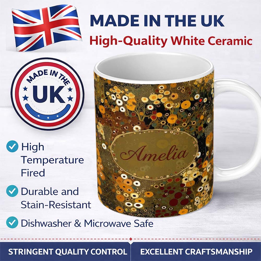Personalized Custom Name Abstract Golden Brown Floral Ornamental Artistic Seamless Pattern 11oz Ceramic Coffee Tea Mug White Large Handle