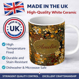Personalized Custom Name Abstract Golden Brown Floral Ornamental Artistic Seamless Pattern 11oz Ceramic Coffee Tea Mug White Large Handle